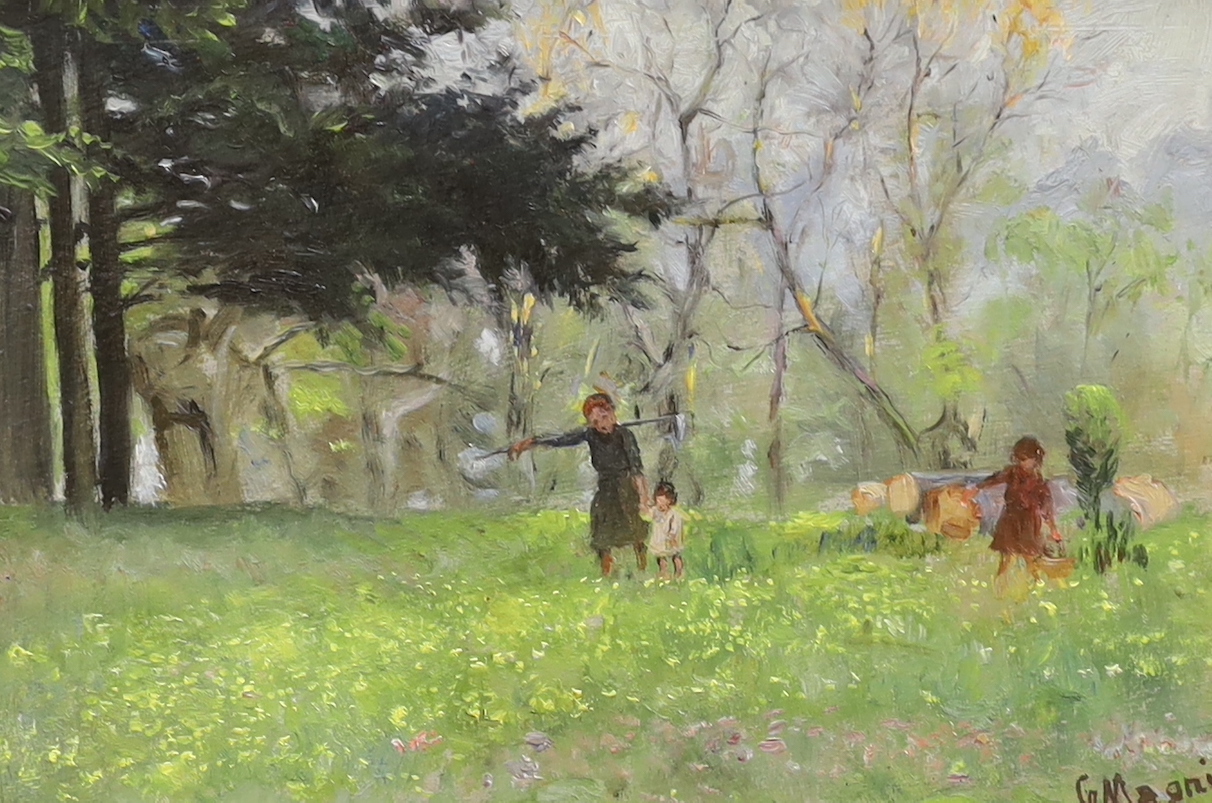 Giuseppe Magni (Italian 1869-1956) impressionist oil on board, Three figures before woodland, signed, details verso, 26 x 17cm
